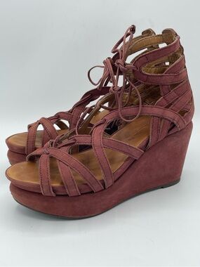 Gentle Souls Joy Lace-Up Suede Wedge Sandals in Dusty Rose.